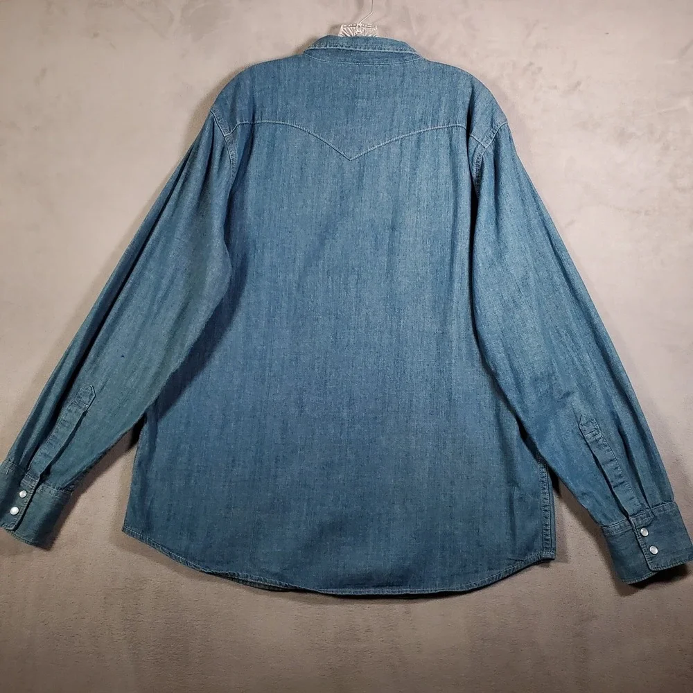 Levis Jean Shirt Mens XL Blue Med Wash Denim Pearl Snap Western Ranch Rodeo Work